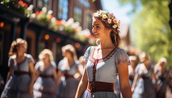 ai gerado jovem mulheres sorridente, desfrutando verão, dentro lindo vestidos gerado de ai foto