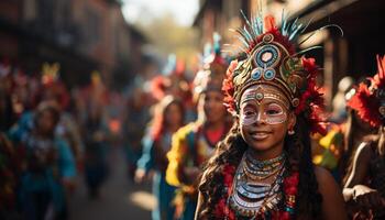 ai gerado jovem mulheres sorridente às Câmera, desfrutando tradicional festival gerado de ai foto