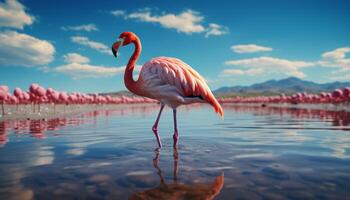 ai gerado uma vibrante Rosa flamingo carrinhos dentro tranquilo água gerado de ai foto