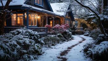 ai gerado inverno noite nevando, árvore, madeira, geada, arquitetura, iluminado gerado de ai foto