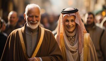 ai gerado sorridente adultos dentro tradicional roupas, olhando às Câmera gerado de ai foto