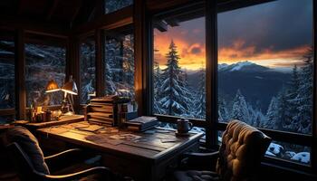 ai gerado de madeira mesa de janela, neve coberto floresta lado de fora gerado de ai foto