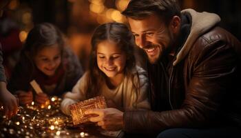 ai gerado sorridente família desfrutando Natal decoração dentro inverno noite gerado de ai foto