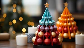 ai gerado Natal celebração com iluminado Natal árvore dentro de casa gerado de ai foto