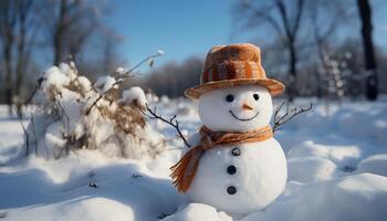 ai gerado boneco de neve sorridente com cenoura nariz dentro inverno ao ar livre gerado de ai foto