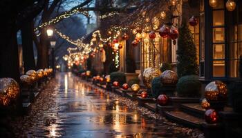 ai gerado iluminado Natal árvore brilha dentro a inverno noite gerado de ai foto