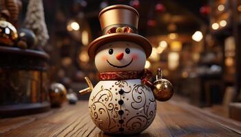 ai gerado inverno celebração com boneco de neve, Natal árvore, e presente gerado de ai foto