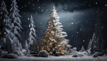 ai gerado inverno noite neve coberto floresta, iluminado de Natal árvore gerado de ai foto