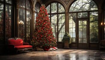 ai gerado Natal árvore decoração ilumina a acolhedor vivo quarto gerado de ai foto