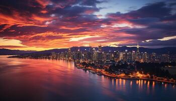 ai gerado paisagem urbana às crepúsculo, beira-mar reflete iluminado arranha-céus gerado de ai foto