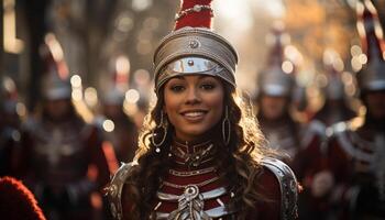 ai gerado sorridente jovem mulher dentro tradicional roupas, iluminado parada gerado de ai foto