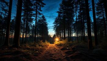 ai gerado tranquilo cena do uma Sombrio floresta às crepúsculo gerado de ai foto