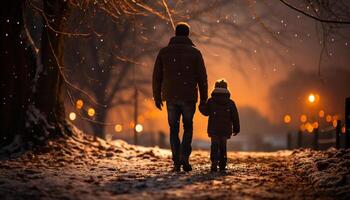 ai gerado família caminhando dentro a inverno floresta às crepúsculo gerado de ai foto