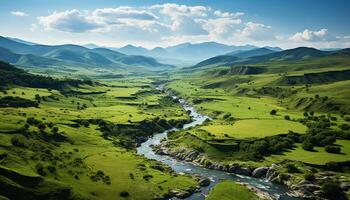 ai gerado montanha panorama com verde prados e Claro água gerado de ai foto