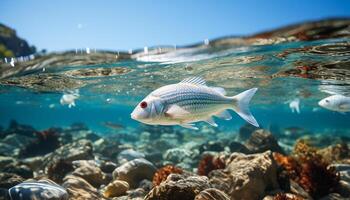 ai gerado embaixo da agua natureza, peixe nadar dentro tropical azul mar gerado de ai foto