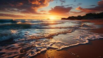 ai gerado pôr do sol sobre a tranquilo litoral, ondas refletindo dourado beleza gerado de ai foto