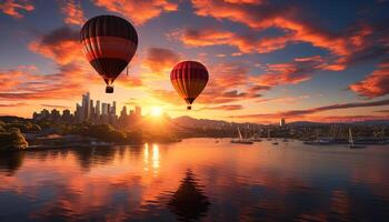 ai gerado quente ar balão flutua sobre cidade às pôr do sol gerado de ai foto