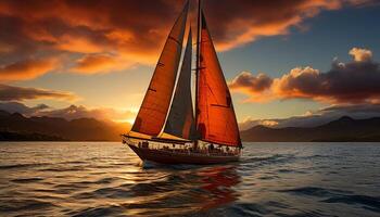 ai gerado barco a vela desliza em água, pôr do sol tintas náutico aventura gerado de ai foto