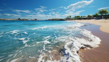 ai gerado azul água, arenoso praia, tranquilo cena, tropical paraíso gerado de ai foto