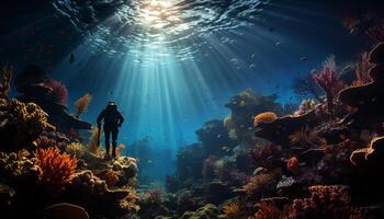 ai gerado mergulho para dentro azul água, explorando embaixo da agua beleza gerado de ai foto