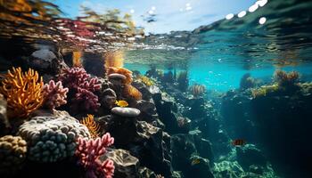 ai gerado embaixo da agua recife peixe nadar dentro a profundo azul gerado de ai foto