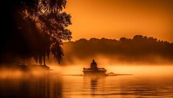 ai gerado silhueta do homens remo canoa às pôr do sol, natureza tranquilo perseguição gerado de ai foto