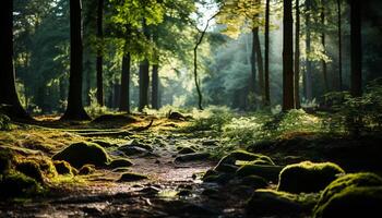 ai gerado tranquilo cena do uma nebuloso floresta dentro outono gerado de ai foto