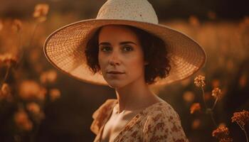 ai gerado jovem mulher dentro natureza, desfrutando a pôr do sol, irradiando beleza e felicidade gerado de ai foto