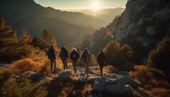 ai gerado homens caminhada montanha pico, pôr do sol paisagem, aventura dentro natureza gerado de ai foto