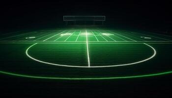 ai gerado futebol campo iluminado de Holofote, esvaziar grama, brilhando sucesso gerado de ai foto