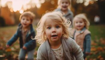 ai gerado sorridente crianças jogando ao ar livre dentro outono, desfrutando natureza alegre abraço gerado de ai foto