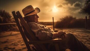 ai gerado uma homem sentado em uma cadeira, desfrutando a pôr do sol ao ar livre gerado de ai foto