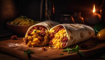 ai gerado grelhado carne taco com fresco legumes em uma de madeira mesa gerado de ai foto