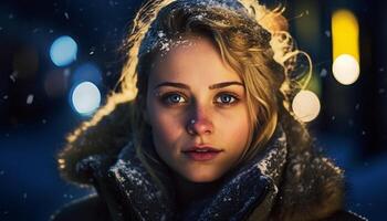 ai gerado sorridente jovem mulher dentro inverno, beleza iluminado de floco de neve gerado de ai foto