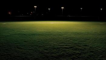 ai gerado brilhante Holofote ilumina esvaziar futebol campo em uma verão noite gerado de ai foto