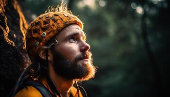 ai gerado uma jovem adulto homem sorridente ao ar livre, desfrutando uma inverno aventura gerado de ai foto