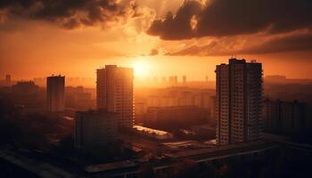 ai gerado pôr do sol sobre a cidade, arranha-céus silhueta contra a colorida céu gerado de ai foto