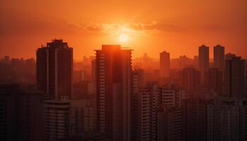 ai gerado silhueta do arranha-céus contra uma colorida pôr do sol céu gerado de ai foto