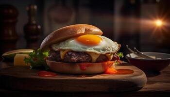 ai gerado grelhado carne hamburguer com queijo, tomate, e fresco gourmet pão gerado de ai foto