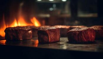 ai gerado grelhado bife em madeira, chama acrescenta calor para delicioso refeição gerado de ai foto