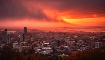 ai gerado pôr do sol sobre paisagem urbana, outono crepúsculo, arranha-céus iluminar urbano Horizonte às noite gerado de ai foto