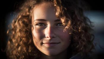 ai gerado sorridente jovem mulher ao ar livre, olhando às Câmera, desfrutando natureza gerado de ai foto