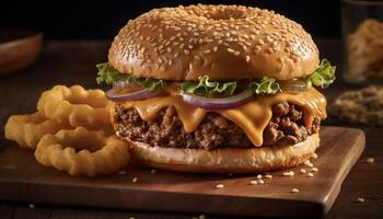 ai gerado grelhado carne hamburguer com queijo, tomate, cebola em sésamo pão gerado de ai foto