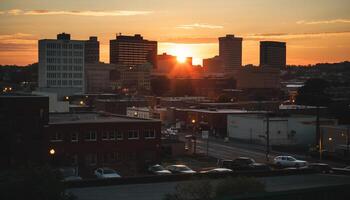 ai gerado paisagem urbana às crepúsculo, pôr do sol tintas a urbano Horizonte com arranha-céus gerado de ai foto