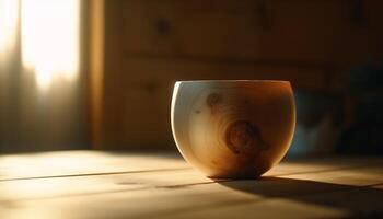 ai gerado de madeira mesa com uma solteiro cerâmica tigela e café copo gerado de ai foto