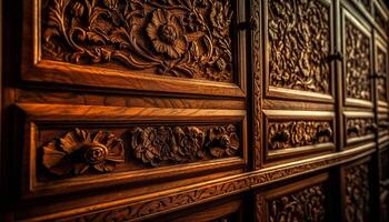 ai gerado de madeira porta com ornamentado lidar, Antiguidade projeto, e elegante decoração gerado de ai foto