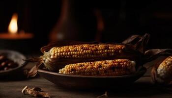 ai gerado outono colheita orgânico milho em a espiga, rústico abóbora, saudável refeição gerado de ai foto