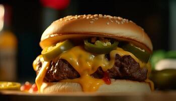 ai gerado grelhado gourmet hamburguer com queijo, tomate, cebola, e francês fritas gerado de ai foto