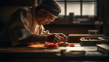 ai gerado uma homem cozinhando saudável Comida dentro uma cozinha, corte legumes gerado de ai foto