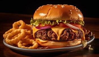 ai gerado grelhado carne hamburguer com queijo, cebola, e tomate em pão gerado de ai foto